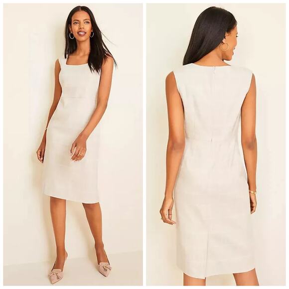 Ann Taylor Womens The Square Neck Dress in Windowpane Linen Twill Size 8 Cream - Picture 1 of 12